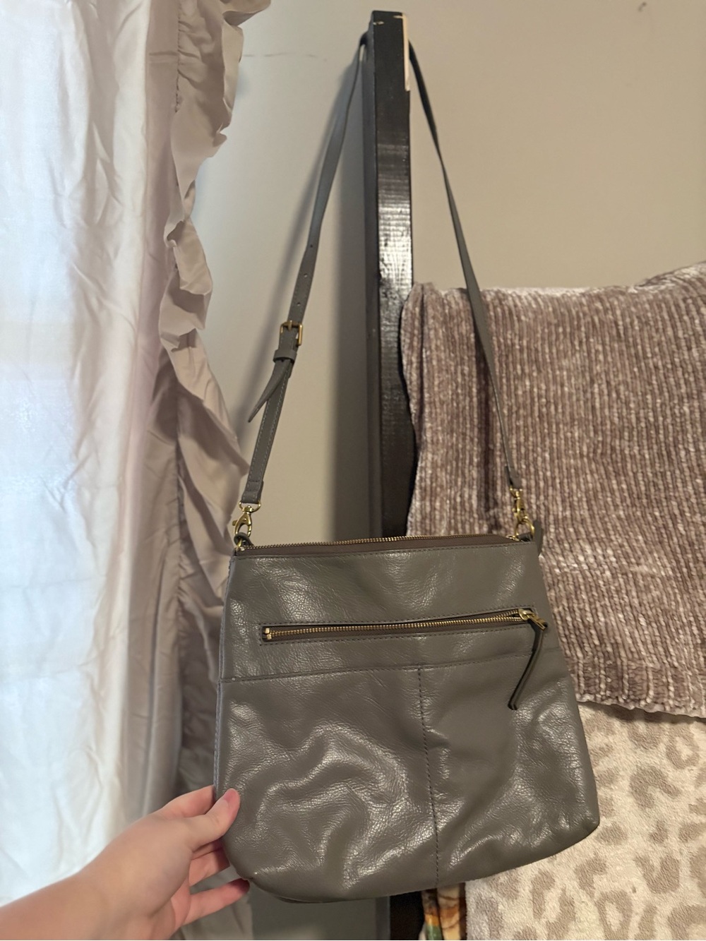 Fossil Gray Leather Crossbody with Gold Hardware